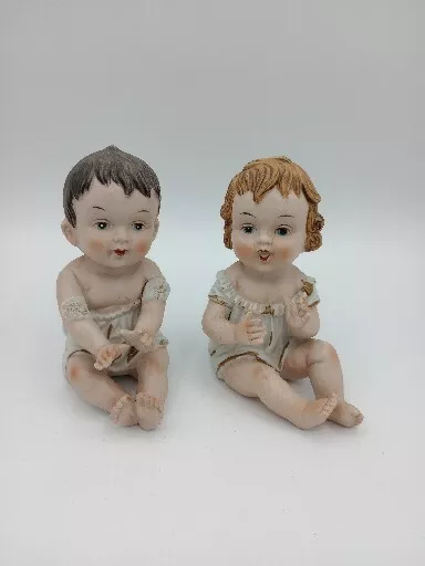Vtg Pair Of Brunette Boy Blonde Girl Bisque Porcelain Piano Babies 4.5" x 3.5"