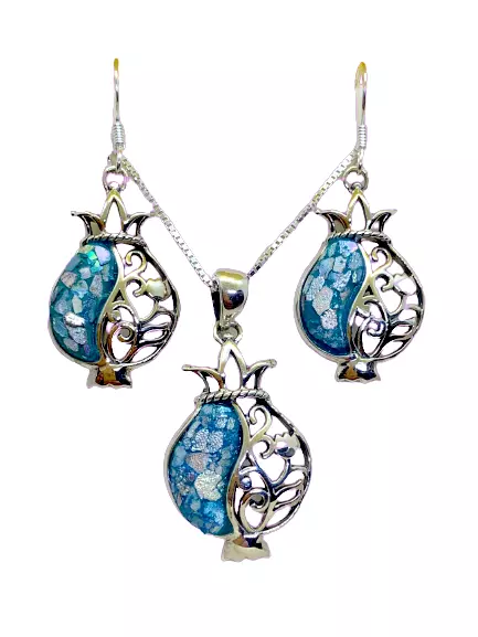 Roman glass jewelry earrings pendant Necklace sterling silver Pomegranate shape