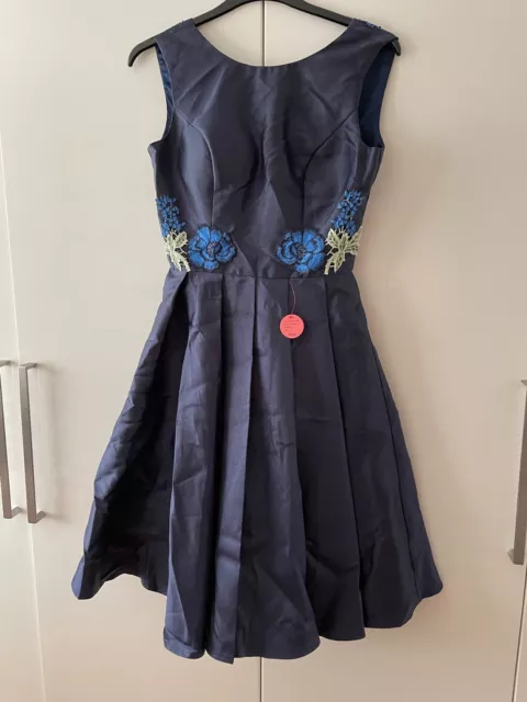 chi chi london dress size 12 navy blue with embroidered detail