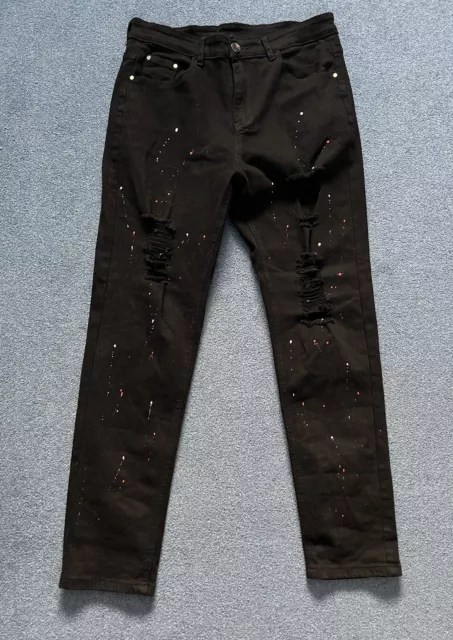 Ripped Skinny Jeans - Black With Paint Splatter Effect - Size 32