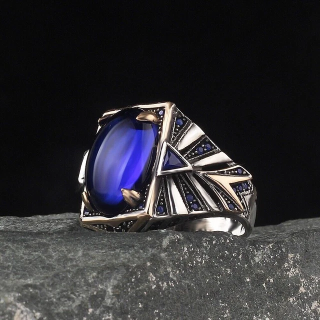 Bague pour homme faite à la main avec saphir pour homme Bague en argent...