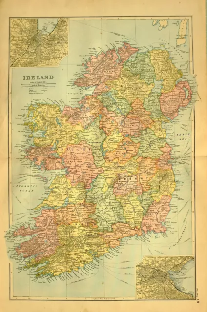 1894 Map Ireland Cork Dublin Belfast Kerry Londonderry Galaway Mayo Down Meath