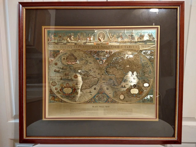 Vintage Gold Foil Blaeu Wall Map of Old & New World 30.25" x 26.5" Frame