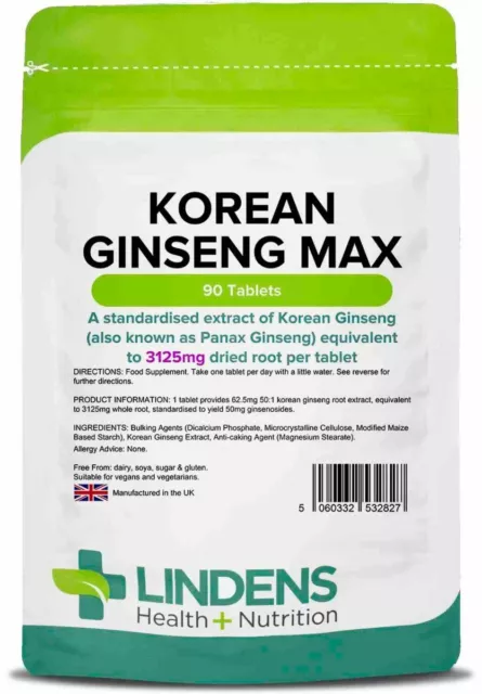 Lindens koreanischer Ginseng MAX 3125mg 90 Tabletten Energie Boost sexuelle Gesundheit Immun