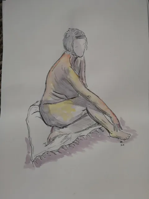 Female Nude Graphite And Watercolour Painting A3 Size. Life Drawing Study