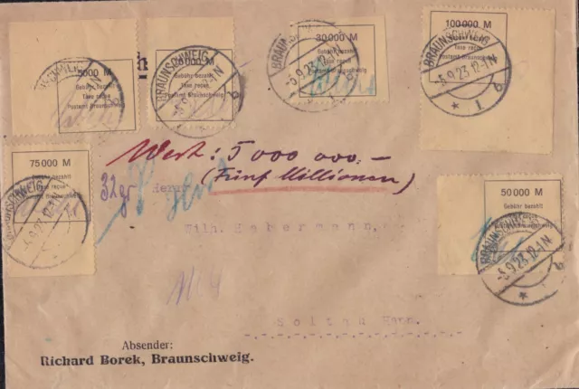 Lokalausgabe Braunschweig 1923, Wertbrief MiF Randstücke n. Soltau