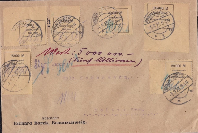 Lokalausgabe Braunschweig 1923, Wertbrief MiF Randstücke n. Soltau Lokalausgabe Braunschweig 1923, Wertbrief MiF Randstücke n. Soltau