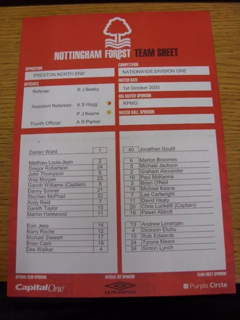01/10/2003 Colour Teamsheet: Nottingham Forest v Preston North End  (Folded). Th