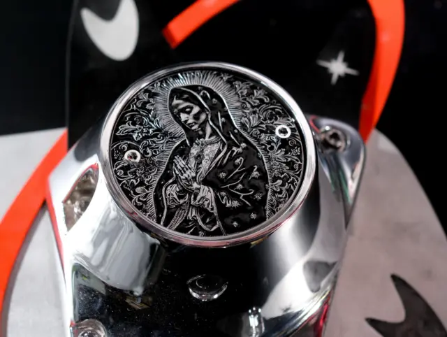 Holy Mother Engraved Shovelhead Evo Silver & Black Timing Cover Harley Davidson