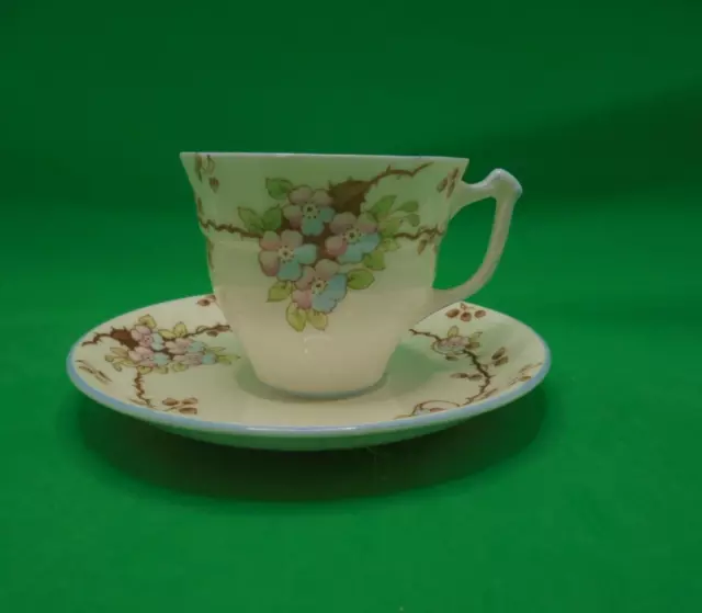 Old Royal Bone China Demitasse Cup & Saucer Pink Blue Flowers on Vine Blue Trim