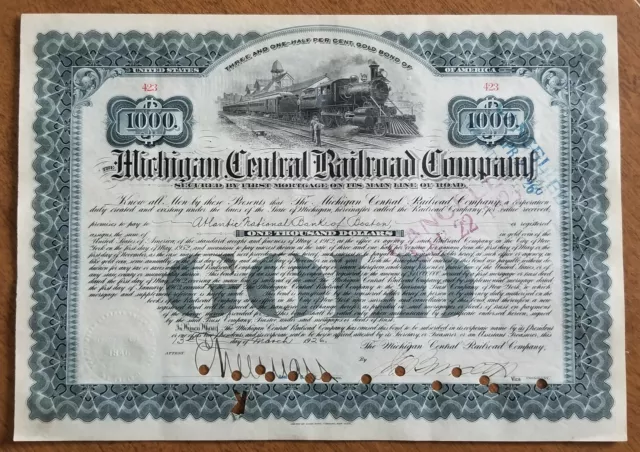 1930's Michigan Central Railroad Company Bond Stock Certificate NY Grey