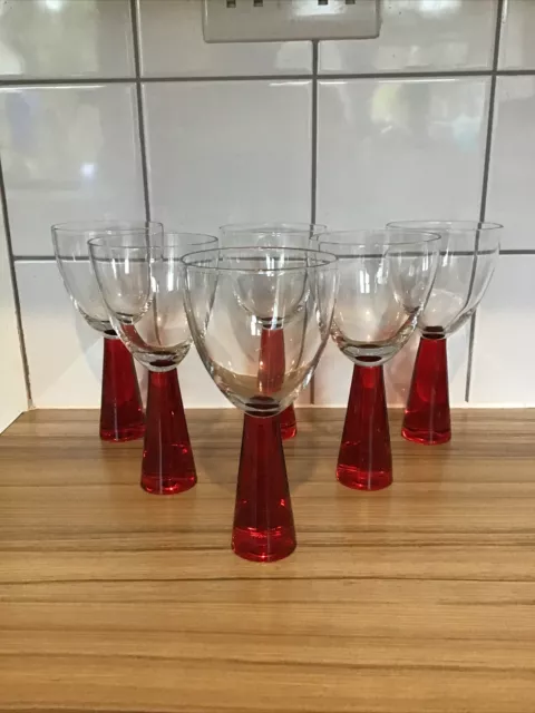 Vintage Clear Glass Red Chunky Thick Stem Wine Glasses Goblets X6 Retro 7.5” H