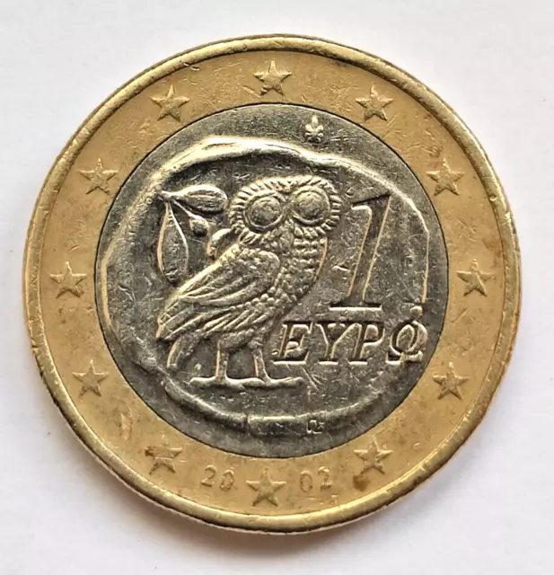 1 Euro Grecia 2002 muestra un búho procedente de Atenas hacia el 490 a.C.