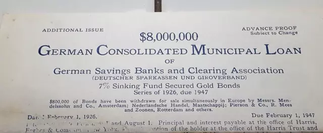 1926 BOND PROSPECTUS German Municipal Loan Harris Savings Bank Due 1947 WWII