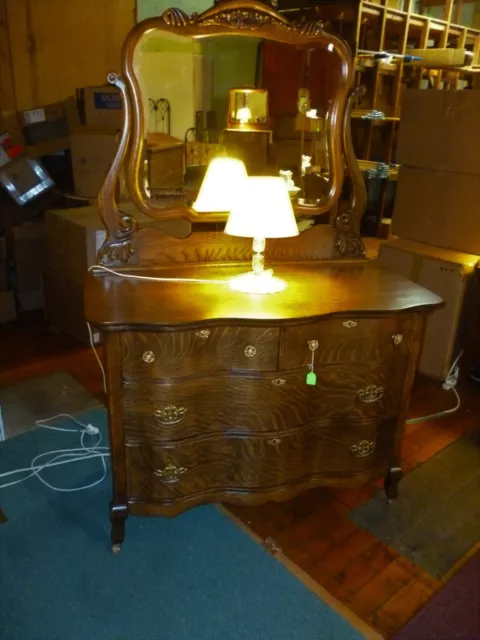 Antique Oak Dresser w/ beveled mirror victorian serpentine 1900's refinished