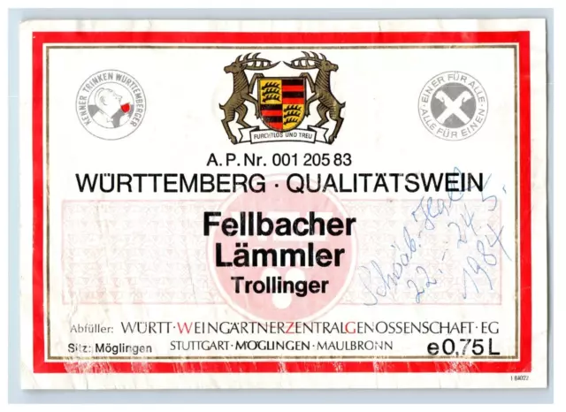 1970's-80's Wurttemberg Qualitatswein German Wine Label Original S43E