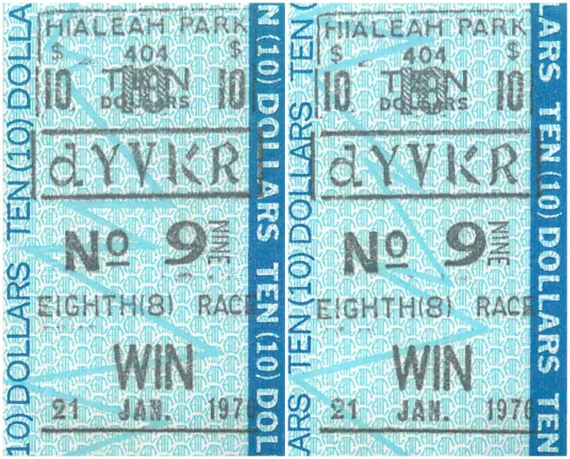 Hialeah Race Track Lot of Two $10 Tickets to Win Vintage 8th Race January 1976