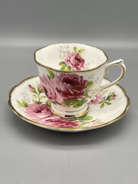 ROYAL ALBERT ~ AMERICAN BEAUTY Footed Tea Cup Saucer Pink Rose Flowers Gold Trim