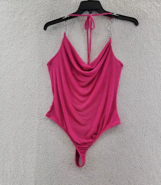 Just Polly Juniors' Heart-Chain Bodysuit XL Fuchsia V- Neck Halter Tie Pull On