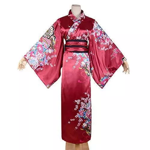 Women's Floral Print Traditional Japanese Kimono Large Long Kimono Wine Red 2