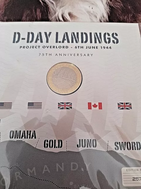 2019 D-Day Landings BUNC Coin in an information pack.