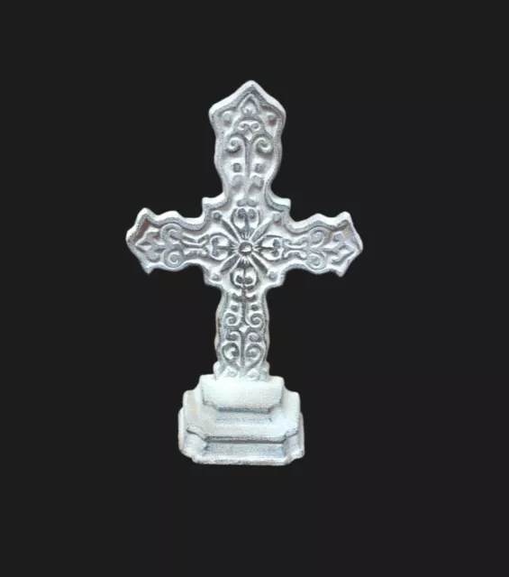 Vintage Cast Iron Cross Free Standing Cross 8x5 In White Washed Victorian Decor