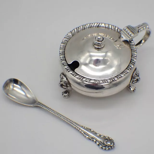 English Mustard Pot and Spoon Set Sterling Silver Glass Liner 1940