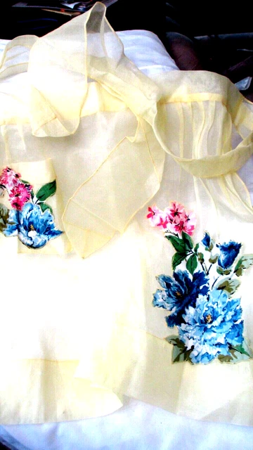 NEW Apron Bright Lemon YELLOW ORGANDY Hand Made Pink & Blue Flower Appliques