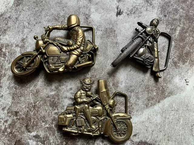 Lot Of Three Vtg Motorcycle Baron Belt Buckles Cop Pig Bikers Brass