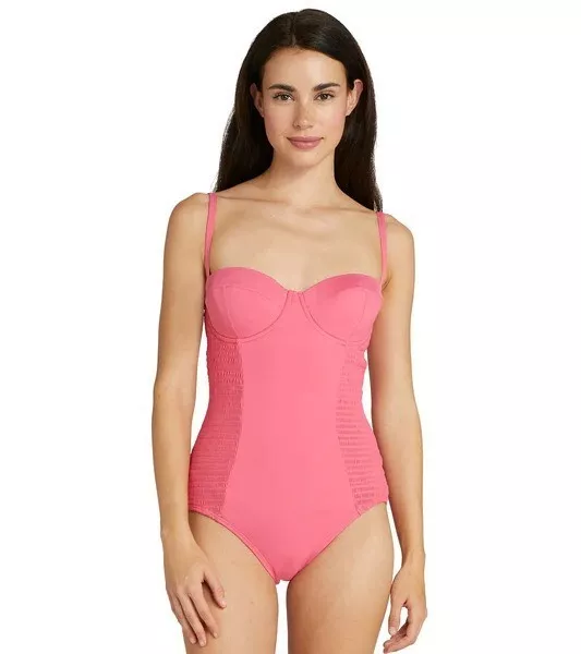 NEW Kate Spade Smocked Underwire One Piece Swimsuit Womens Large Pink NWT