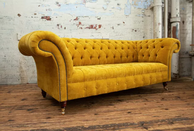 Handmade 3 Seater Textured Mustard Gold Velvet Chesterfield Sofa, Fabric Couch