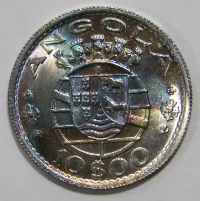 Angola 1955 $10 Escudos Crowned Globe Portuguese Colony Silver Coin Toned 🌈⭐🌈