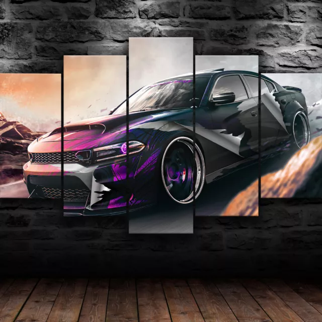 Dodge Charger Purple Racing Cars Super 5 Piece Canvas Wall Art Print Home Decor