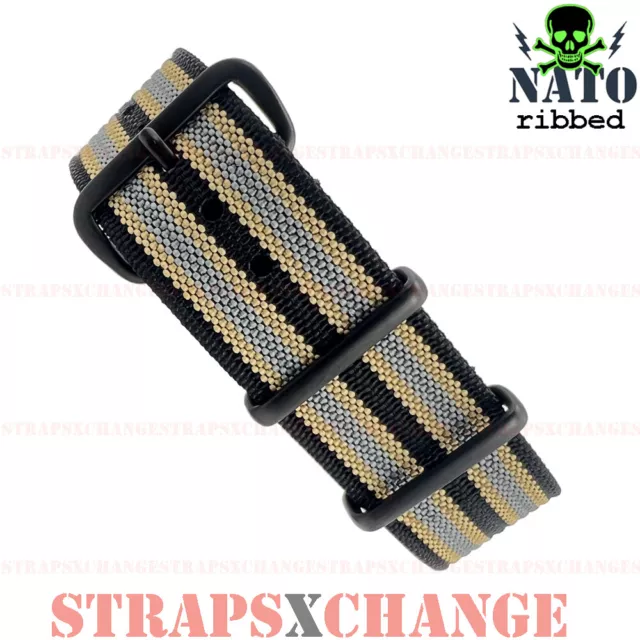 Ribbed Premium NATO® BLACK GREY TAN corrugated military divers watch strap band