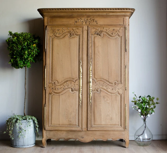 French Antique Oak Double Wardrobe Armoire Cabinet with Shelves or Hanging Rail