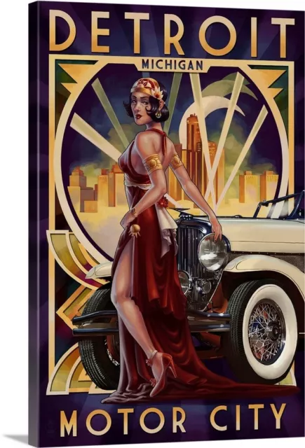Detroit, Michigan - Deco Woman and Car: Canvas Wall Art Print,  Home Decor