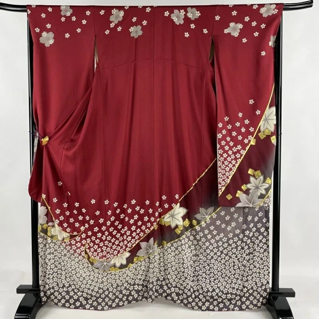 Japanese Kimono Furisode Pure Silk Cherry Blossom Gold Thread Gold Paint Red