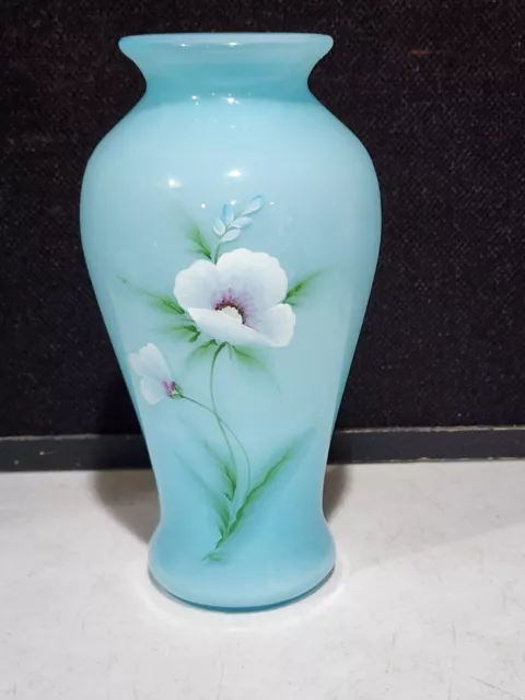 Fenton Art Glass Poppy 2002 Blue Topaz Overlay Hand Painted Signed 9.5" Vase