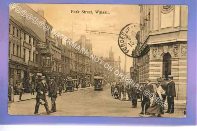 Early Busy Scene 1914 Tram Park Street Walsall West Midlands Vintage Postcard