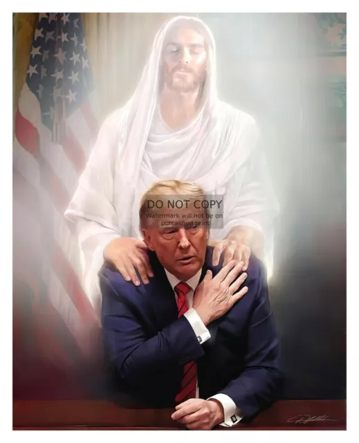 Jesus Hovering Over President Donald Trump Hands On Shoulders 8X10 Photo