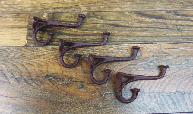 Set of 4 Antique-Style Double Rustic Coat Hook Cast Iron Wall Mount Hardware