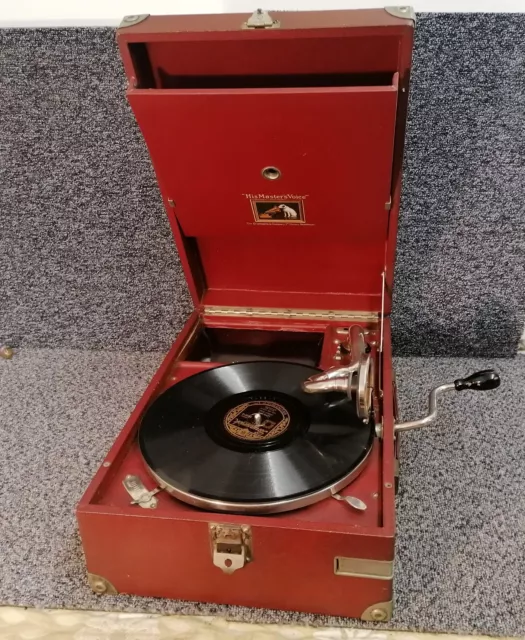 Vintage HMV 101 Red Portable Picnic Wind Up Gramophone His Master's Voice