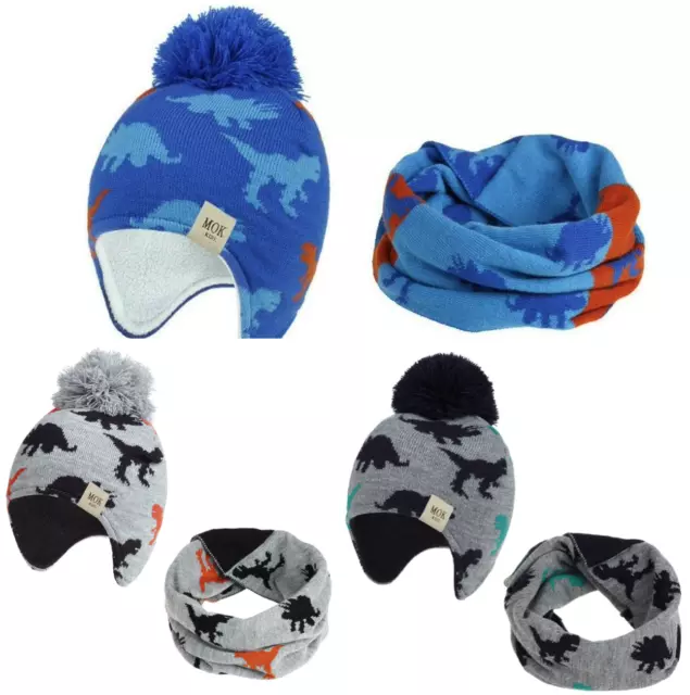 Boys Kids Dinosaur Beanie Hat Snood Scarf Set Winter Fleece Hat 1 to 8 years