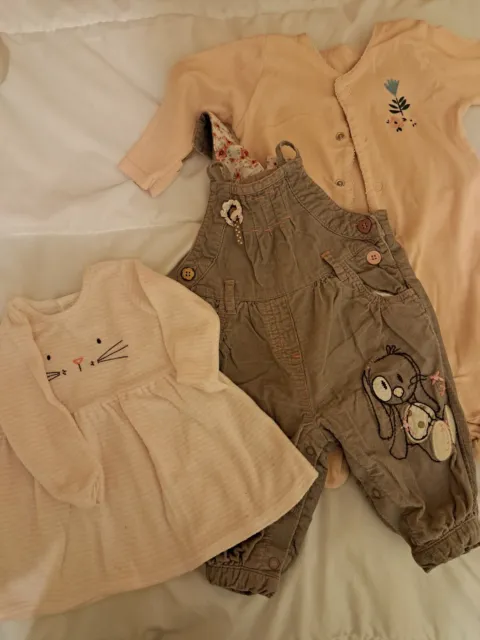 Baby girl clothes 0-3 months bundle (3) Babygro, Dress, Dungarees, Next & M&S