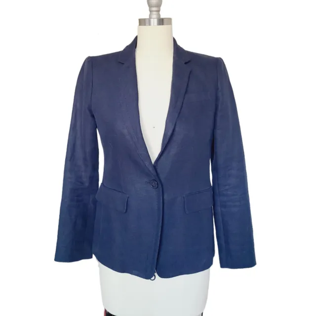 J. Crew Womens 100% Linen Navy Blue Single Button Blazer Jacket size 2p petite