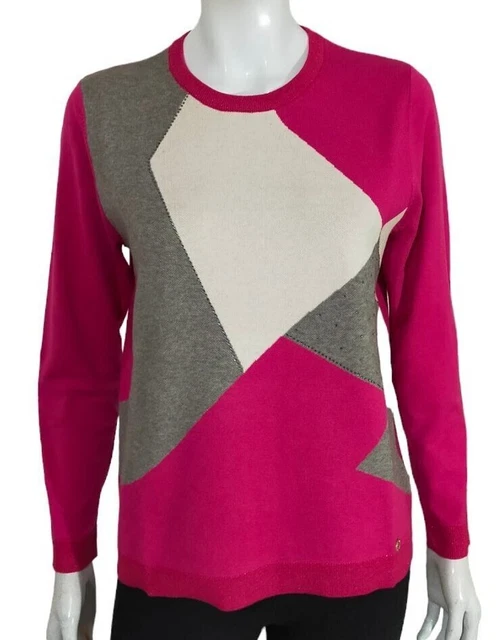 Maglione donna fantasia Classico elegante Pullover maniche lunghe grigio fucsia