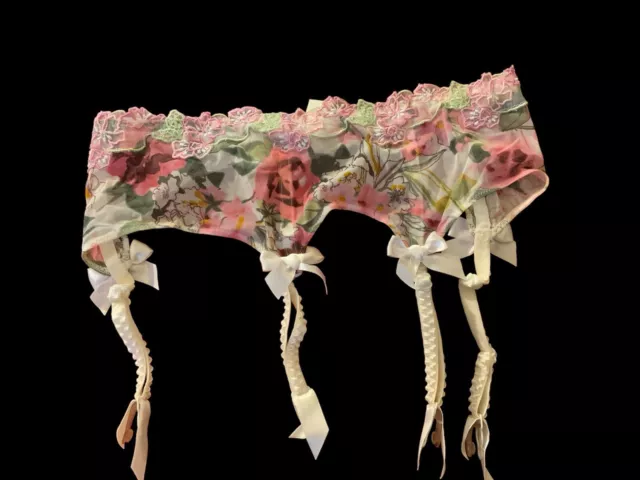 Lise Charmel Pink  Floral Sheer Embroidered Suspender Belt Sz M US