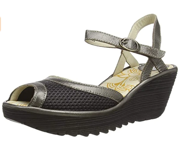 FLY LONDON YANS190FLY Black Leather Wedge Sandals Uk 8 Eu 41 Usa