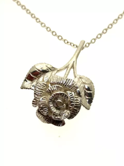 Silver Rose & Leaves Pendant Necklace Silver 18" Fine Belcher Chain 4.10g