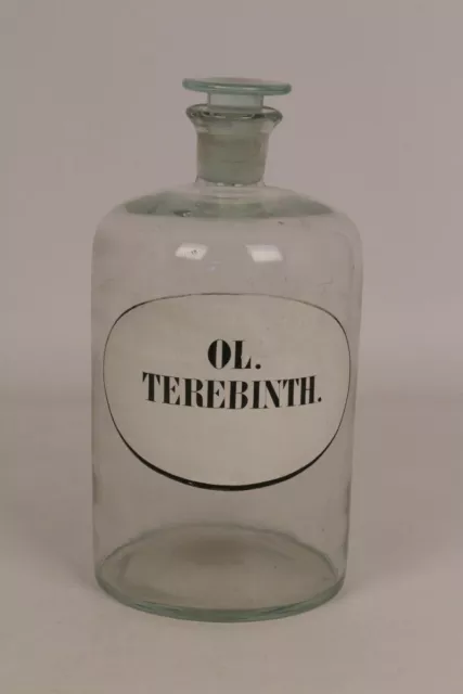 Apotheker Flasche Medizin Glas klar Korken Ol. Terebinth. antik Deckelflasche